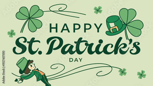 A decorative illustration features swirling green foliage and the text happy st patrick s day in elegant calligraphy high-quality professional detailed modern stylish clean crisp