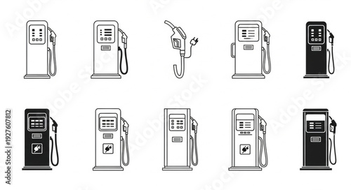 Collection of various gas pump illustrations in different styles and designs for fuel.