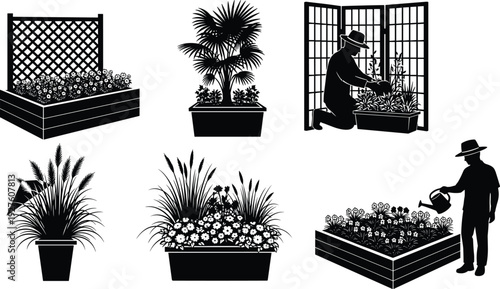 Gardening and landscaping silhouettes set with planters flowers and gardener watering plants in cad drawing flat vector illustration for home garden