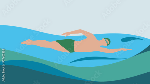 A man in a green swimsuit swimming in a pool with a green and blue wave design