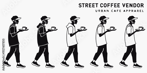 A street coffee vendor walking while carrying a tray of coffee cups. Vector