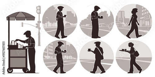 A series of people engaged in various activities, depicted in a circular format Vector