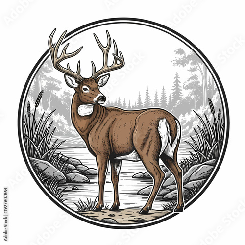 Hand drawn whitetail deer buck in nature forest river landscape round emblem vintage vector style