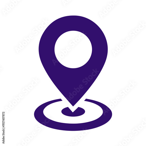 A purple location pin icon with a white circle in the center on a white background