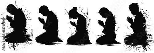 Spiritual Reflection and Prayer Silhouette Set , Kneeling Figures in Devotion with Ink Splatter, Monochrome Meditative Silhouette Series, vector, illustration, silhouette.