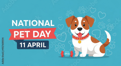 Cute dog celebrating national pet day on april 11th with red collar and dog toys on blue background with hearts