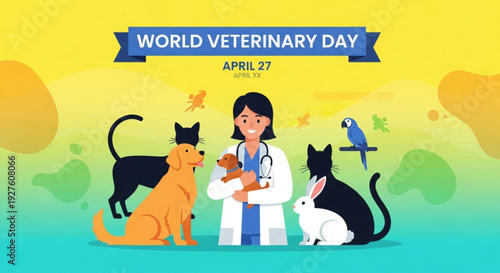 Veterinarian celebrating world veterinary day with pets and animals in a colorful illustration