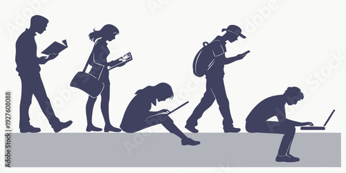 People of different ages and genders are engrossed in their smartphones. Vector