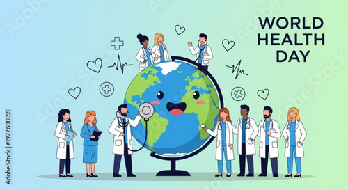 Medical professionals surround a globe with a worried expression on world health day with a gradient background