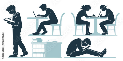 Diverse individuals engaged in various activities and postures in a modern setting Vector