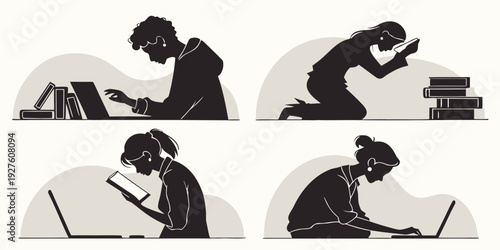A series of illustrations depicting people in various states of prayer and contemplation. Vector