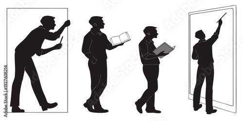 Illustration of people in various stages of throwing a paper airplane. Vector