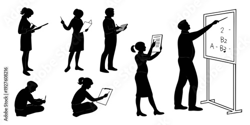 Diverse group of people engaged in various activities with books and presentations Vector