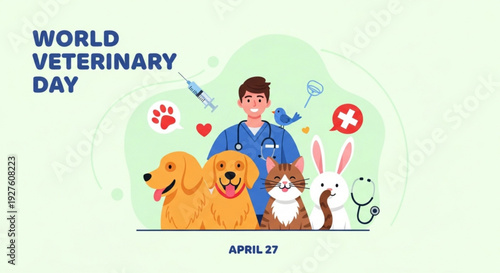 Veterinarian with animals on world veterinary day april 27 celebrating pet care and health