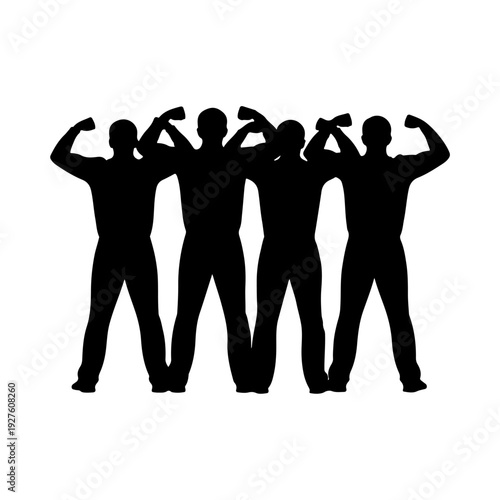 Silhouette of Four Muscular Men Flexing Biceps.