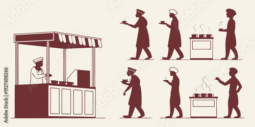 A bustling scene of people engaged in various activities around a food stand. Vector