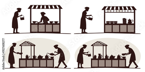 Illustrations of people engaging in various activities and interactions in a market setting Vector