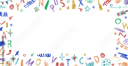 Fun pastel doodle frame made in crayon style. Frame crayon kindergarten illustration designed for children designs, preschool text boxes, baby graphics and creative layouts.