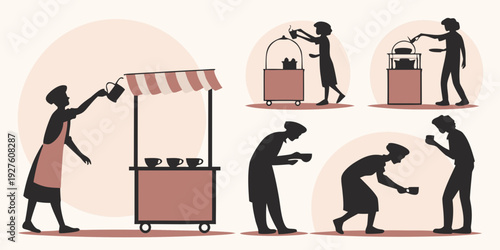 People working together to build a street vendor stall with awnings Vector