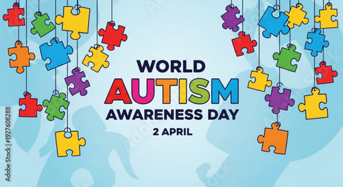World autism awareness day on april 2nd colorful puzzle pieces hanging from strings on light blue background with silhouettes