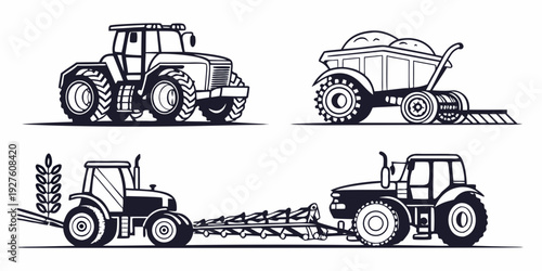 A collection of various types of tractors used in agricultural and industrial settings Vector