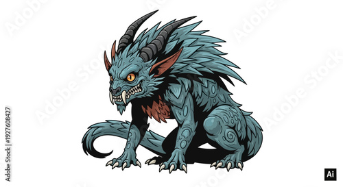 Fantasy creature with horns and sharp teeth illustration.