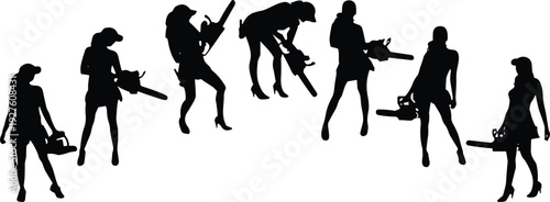 Woman gardener silhouette collection with leaf blower and yard tools, outdoor cleaning and landscaping poses, black vector illustration isolated on background