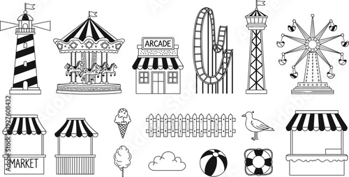 Amusement park and carnival silhouettes set with carousel ferris wheel roller coaster and lighthouse in cad drawing flat vector illustration
