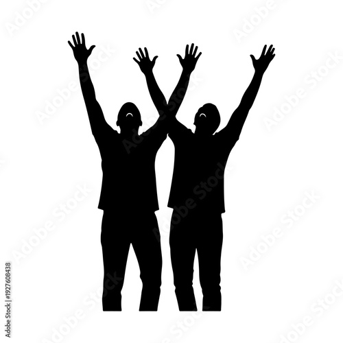 Silhouette of two people with arms raised in celebration.