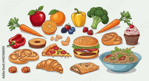 Assorted food items including fruits, baked goods, and fast food on a white background.