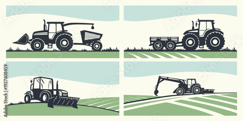 Agricultural machinery in action showcasing various farming equipment Vector