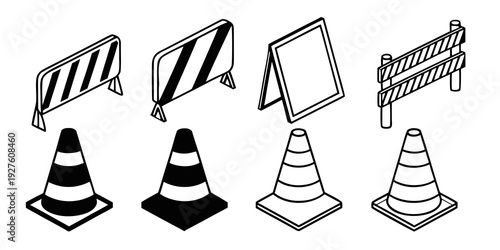 Various road signs and symbols indicating caution and warning for drivers. Vector