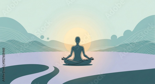 Person meditates in lotus position on serene landscape with winding path at sunrise or sunset
