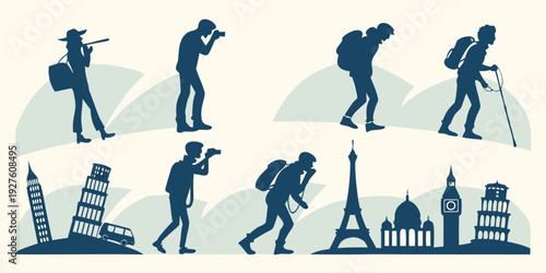 Illustration of people climbing and exploring various landmarks around the world Vector