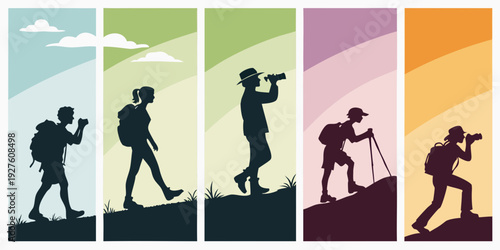 Silhouettes of people hiking in various landscapes and activities Vector