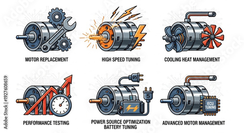 Illustrative depiction of various electric motor maintenance and performance services.