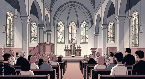 Congregation seated in a church during a serene worship service with stained glass windows