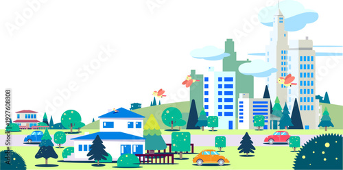 Flat illustration of a city landscape with residential houses, skyscrapers and flying birds
