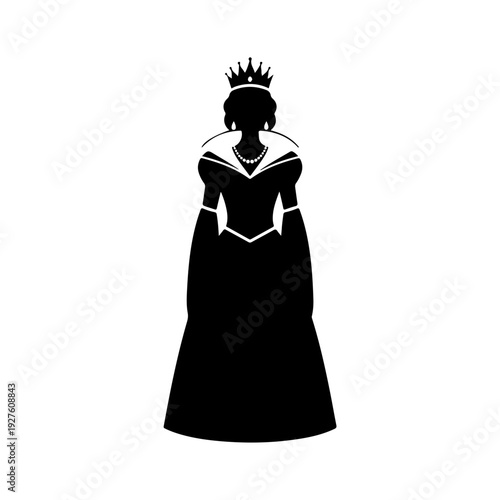 Silhouette of a Queen wearing a crown and elegant dress.