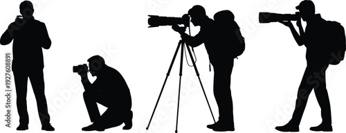 Black Silhouettes of Professional Photographers Using Cameras With Tripods and Telephoto Lenses in Various Posing Positions Isolated on White Background