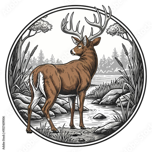 Hand drawn whitetail deer buck in nature forest river landscape round emblem vintage vector style
