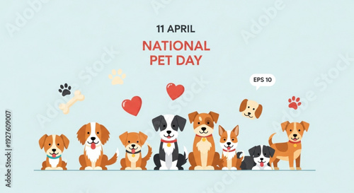 Cute dogs celebrate national pet day with hearts and paw prints on light blue background