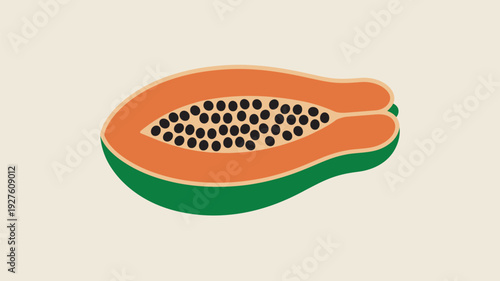 A vibrant illustration of a cut papaya showcasing its orange flesh and black seeds