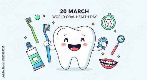 Cartoon tooth character holding toothbrushes and toothpaste for world oral health day with dental care items