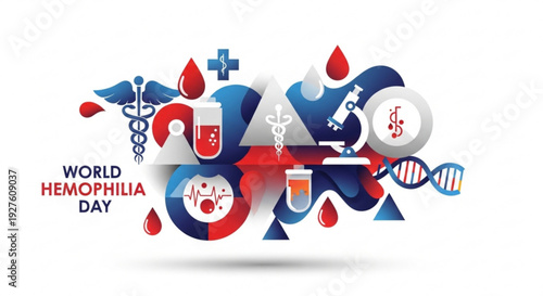 World hemophilia day awareness campaign with medical symbols and blood droplets on white background