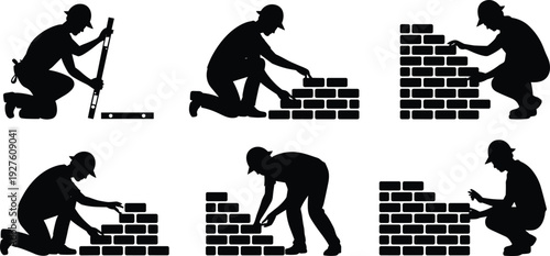 Black silhouette collection of construction workers and bricklayers building walls for masonry labor, industrial building site, and home renovation vector
