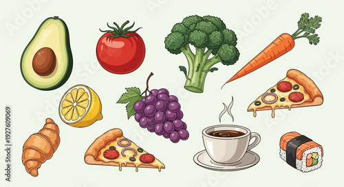 Assorted Food Items Including Fruits and Prepared Dishes.