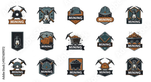 Mining industry emblems and logos collection, vintage style, vector illustration.