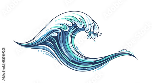 Ocean wave illustration with blue and green swirling patterns.