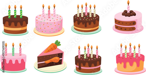 Birthday cake collection vector with candles and sliced desserts, colorful bakery illustration set for celebration, party menu design, sweet food branding, and festive graphics